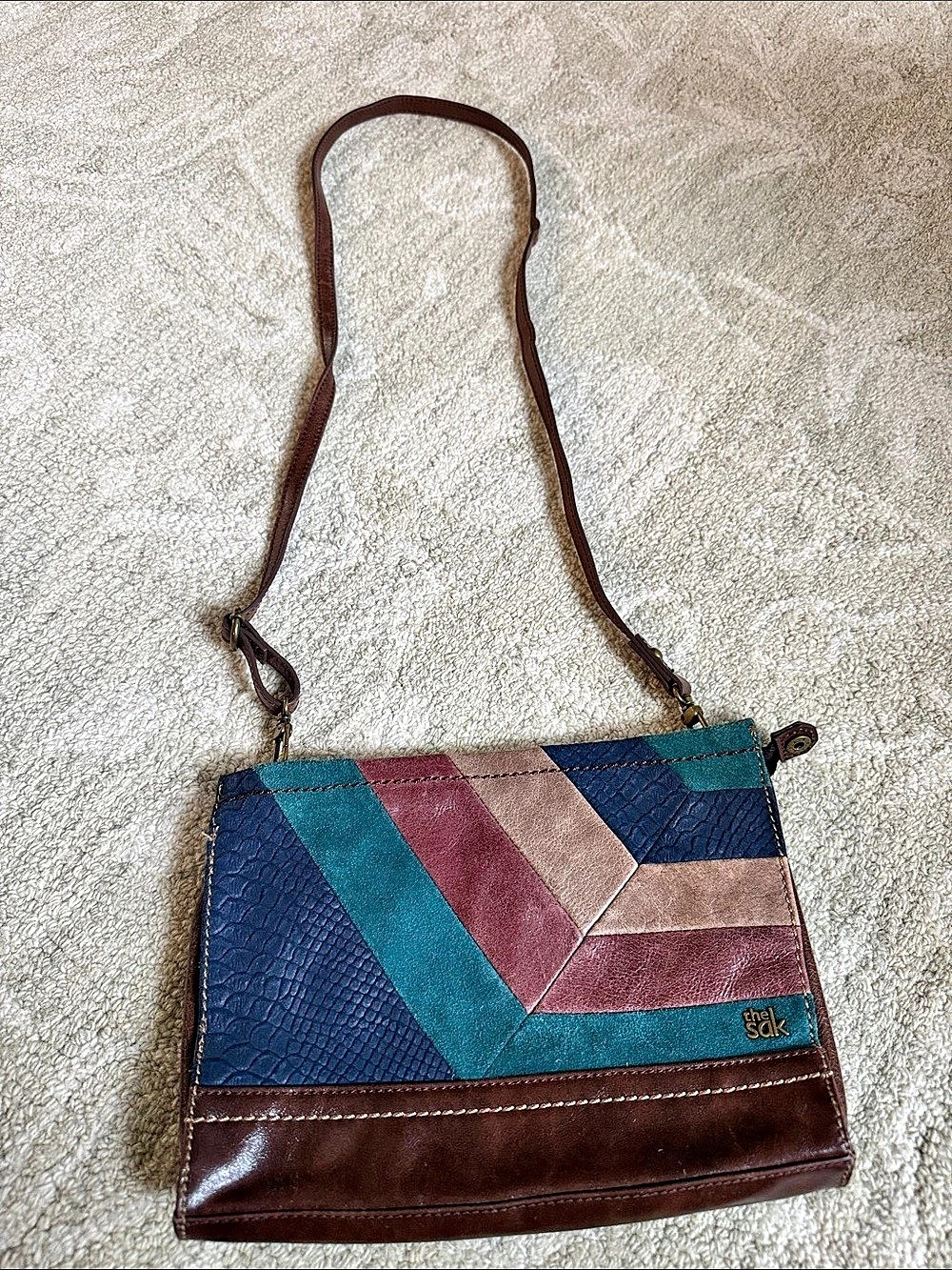 sak Geometric Patchwork Crossbody Bag in Brown & Blue